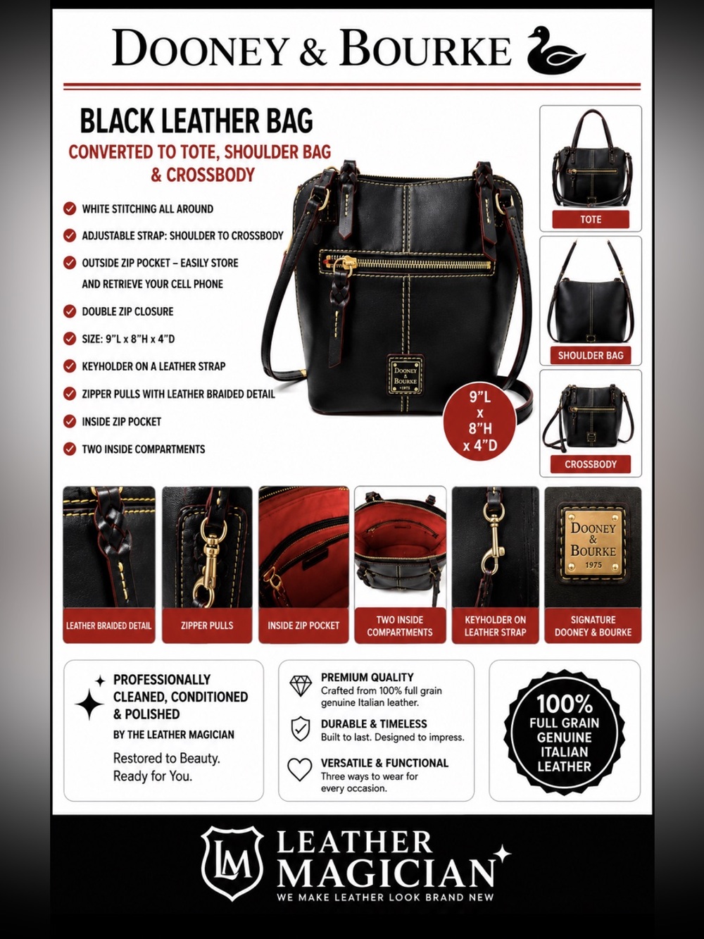 Dooney & Bourke Black Leather Convertible Tote Shoulder Crossb Bag Y2K Vintage